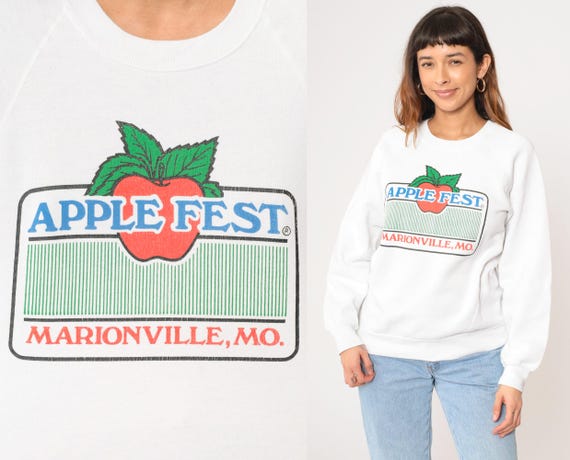 Vintage 90s Apple Fest Sweatshirt White Marionville Missouri Fall Festival Graphic Pullover Raglan Crew Neck Retro 1990s Small Medium