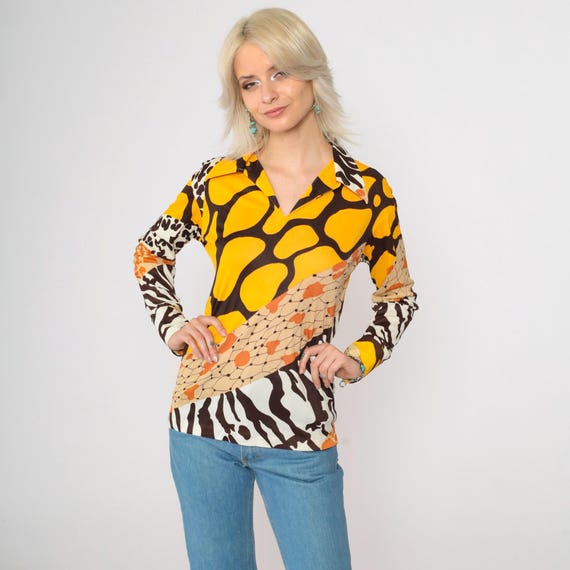 70s Mixed Animal Print Blouse Long Sleeve V-Neck Vintage 1970s Giraffe Leopard Zebra Shirt Boho Hippie Yellow Brown Small