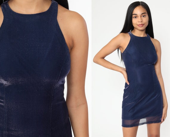 90s Party Dress Blue Metallic Mini Dress Club Dre… - image 1