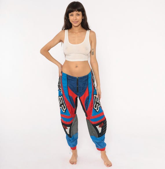 Distressed Fox Racing Motocross Pants 90s Blue Red Black Dirt Bike MX Riding Gear Mesh Panel Moto Trousers Extreme Sport Off Road 34 Large L