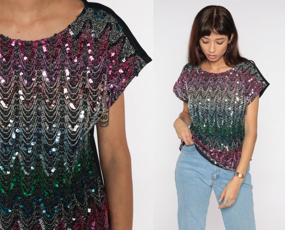 Sequin Shirt 80s Beaded Top Cap Sleeve Metallic Disco Blouse Party Pink Blue Beaded Glam Striped Sparkle Shirt 1980s Vintage Small Medium