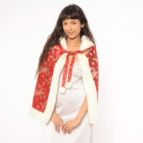 Reversible Faux Fur Cape 80s Red Dragon Phoenix Brocade Satin Hooded Cloak Tie Front Chinese Gold Embroidered Vintage Extra Extra Small 2XS