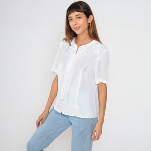 White Embroidered Top 90s Pearl Beaded Blouse Button up Shirt Semi-Sheer Short Sleeve Flower Bohemian Romantic Boho Vintage 1990s Large L 12