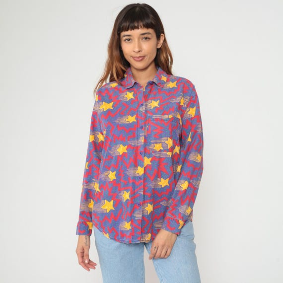 Shooting Star Shirt Celestial 80s Geometric Colorful Abstract Chevron Zigzag Pattern Red Blue Yellow Vintage New Wave Style Medium M