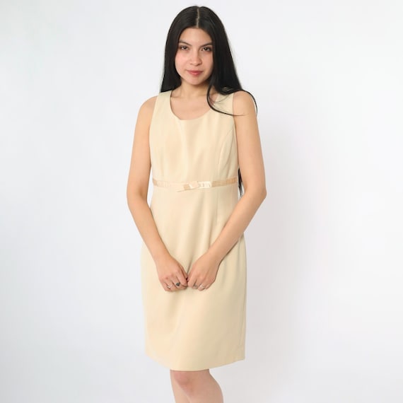 Beige Sleeveless Dress Empire Waist Ribbon Bow Dress Mini Retro Sheath Summer Minimalist Cocktail Dress Scoop Neck Amanda Smith Small 6