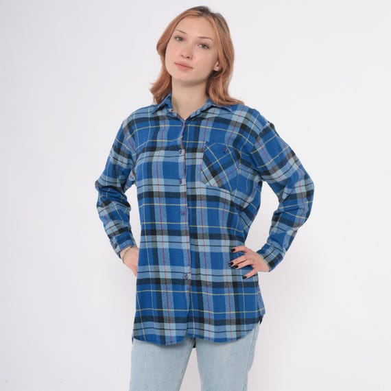 Blue Plaid Flannel Shirt 90s Cotton Grunge Button Front Long Sleeve Chest Pockets Camping Outdoor Vintage Grandpa Gorpcore Soft Medium M