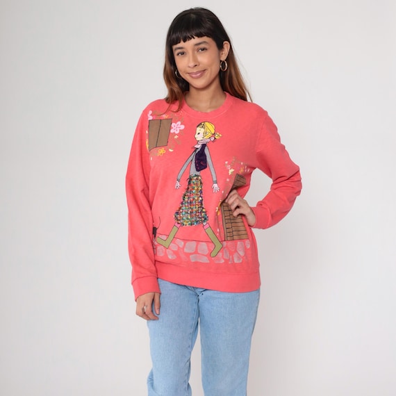 Y2K Graphic Sweatshirt Coral Pink Girl Illustration Textured Skirt Cat Detail Long Sleeve Pullover Crewneck Whimsical Art Jumper Medium M