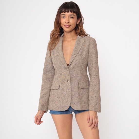 Tweed Blazer 80s Vintage Oatmeal Beige Flecked Wool Blend Two Button Fitted Jacket Classic Tailored Neutral Office Wear Small S