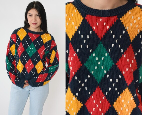 90s Argyle Sweater Navy Blue Checkered Pullover Sweater 90s Argyle Sweater Navy Blue Checkered Pullover Sweater