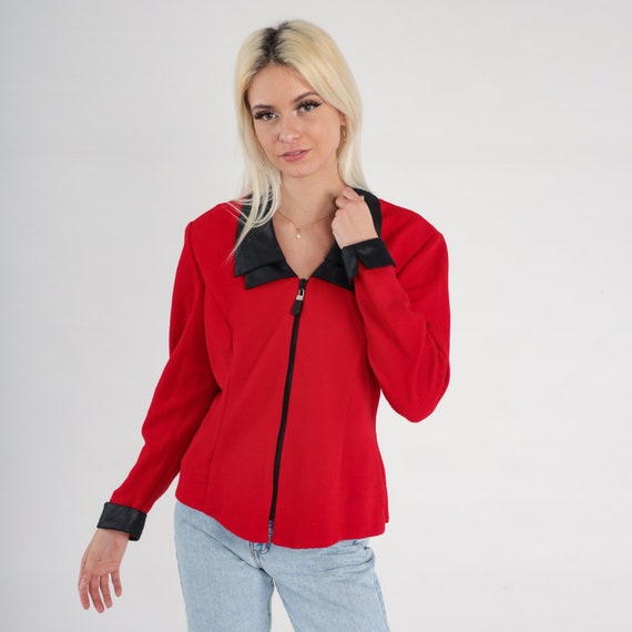 90s Blazer Jacket Red Zip Up Black Faux Leather Collar Blazer 1990s Ribbed Acrylic Structured Work Blazer Plain Classic Vintage Medium 10