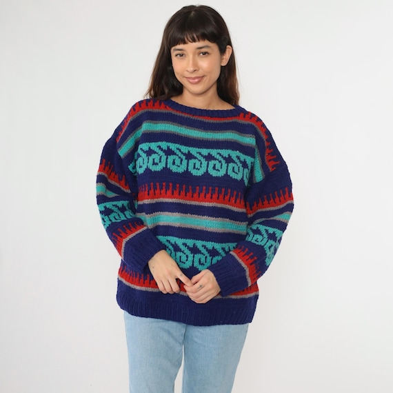 Vintage Geometric Wool Sweater 90s Striped Ski Sweater Blue Turquoise Red Pullover Crewneck Slouch Estonian 1990s Extra Large xl