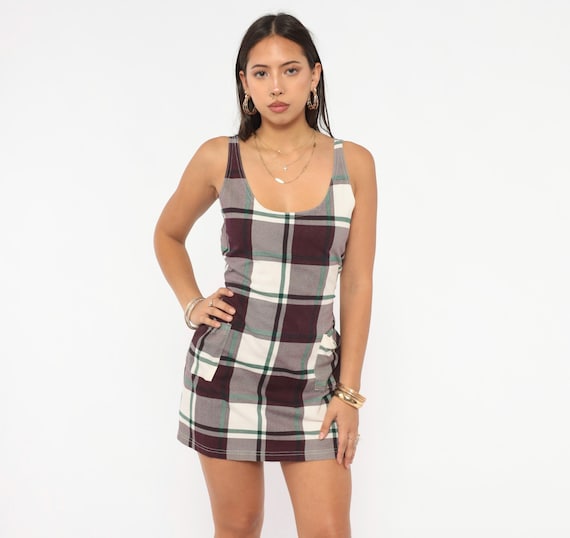 90s Plaid Mini Dress Burgundy Green Tartan Sleeveless Cotton Tank Waist Tie Back Pocket Grunge Academia Wine Cream Check Summer Small S