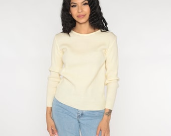 Cream Sweater 70s Ribbed Knit Pullover Sweater Retro Basic Simple Plain Neutral Minimal Crewneck Jumper Acrylic Vintage 1970s Small Medium