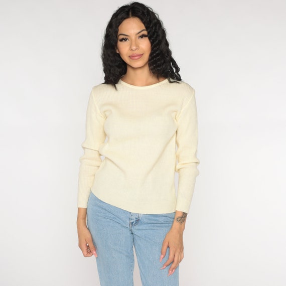 Cream Sweater 70s Ribbed Knit Pullover Sweater Retro Basic Simple Plain Neutral Minimal Crewneck Jumper Acrylic Vintage 1970s Small Medium