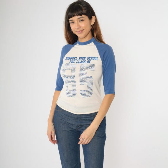 Vintage 80s Class of 1985 T-Shirt Bonduel High School Raglan Baseball TShirt Blue White Graphic Tee 1980s Soft Fitted USA Made Small xs