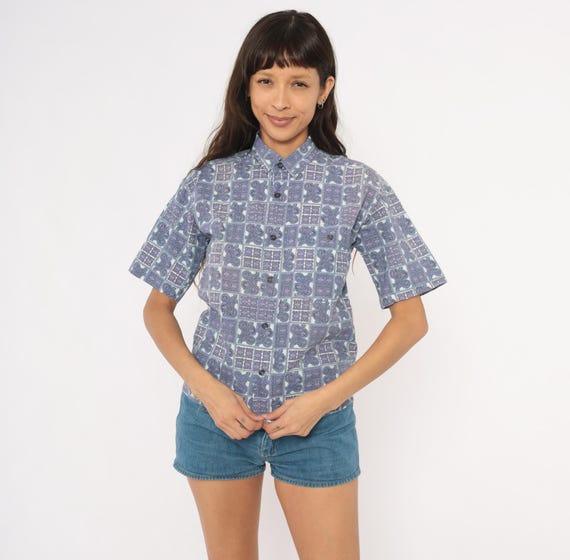 90s Tile Print Shirt Purple Lavender Cotton Short Sleeve Paisley Blouse Violet Lilac Camp Collar Geometric Patchwork Vintage Extra Small XS