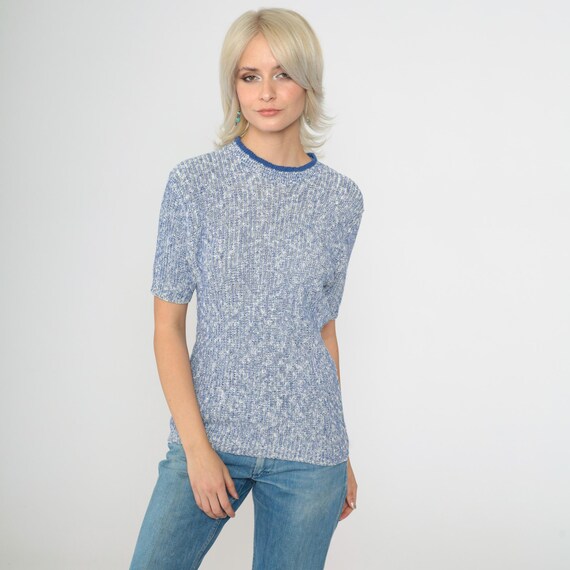 Vintage 70s Blue White Marled Knit Top Short Sleeve Ribbed Cotton Sweater 1970s Fitted Retro Preppy Casual Ringer Crew Neck Extra Small xs