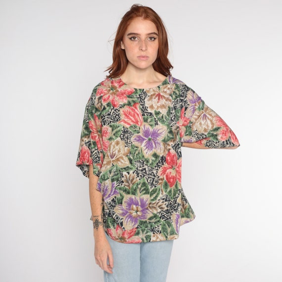 Hawaiian  Floral Blouse 90s Tropical Shirt Retro Boho Geometric Flower Print Top Short Sleeve Summer Hippie Beach Vintage 1990s 3xl xxxl 22w