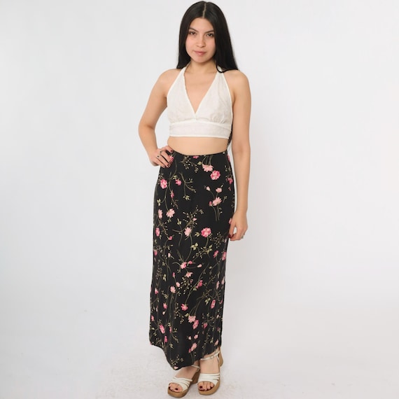 Vintage 90s Floral Skirt Black Pink Flower Print Ankle Length High Waist 1990s Hippie Romantic Summer 37" Waist Extra Large xl