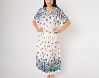 80s Floral Dress White Pleated Midi Boho Blouson Dress Romantic Vintage 1980s High Waisted Slouch Bohemian Short Sleeve Extra Large xl 16