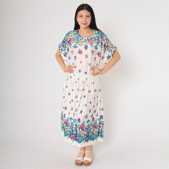 80s Floral Dress White Pleated Midi Boho Blouson Dress Romantic Vintage 1980s High Waisted Slouch Bohemian Short Sleeve Extra Large xl 16