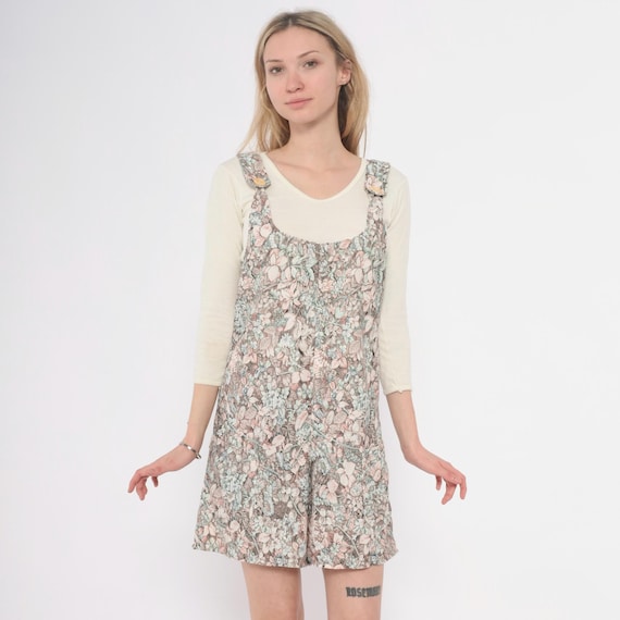70s Floral Romper Pink Green Beige Vintage Playsuit Short Mini Summer Spring Cottagecore Prairie Farmcore Botanical Hippie Jumpsuit Small S