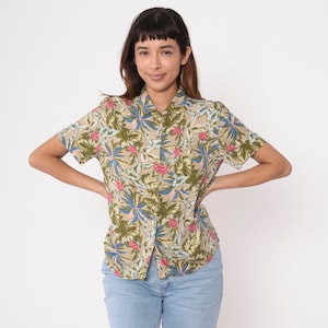 90s Floral Shirt Tan Rayon Flower Print Shirt Vintage Button Up Blouse 1990s Short Sleeve Olive Green Pink Medium
