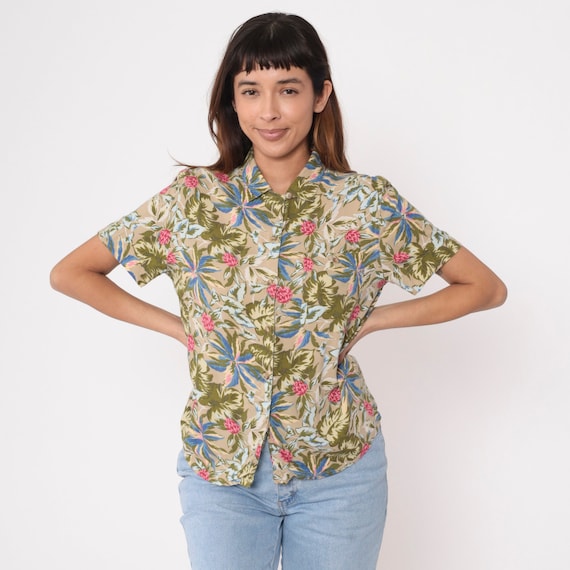90s Floral Shirt Tan Rayon Flower Print Shirt Vintage Button Up Blouse 1990s Short Sleeve Olive Green Pink Medium