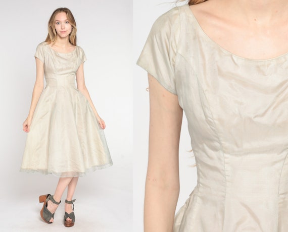 50s Party Dress Taupe Organza Cocktail Dress Full… - image 1