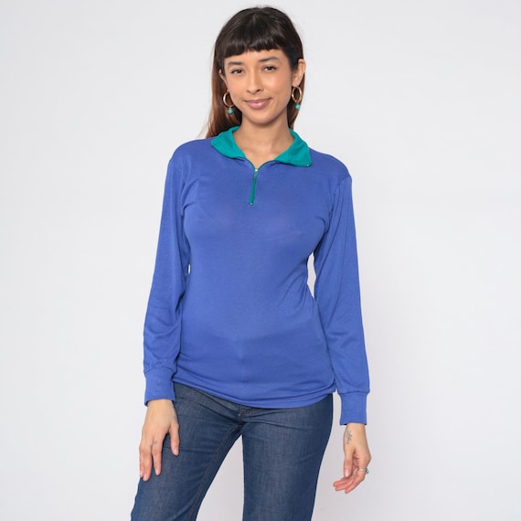 Blue REI Shirt 90s Quarter Zip Long Sleeve T-Shirt Green Collared TShirt Basic Plain Tee Hiking Base Layer Top Vintage 1990s Small Medium