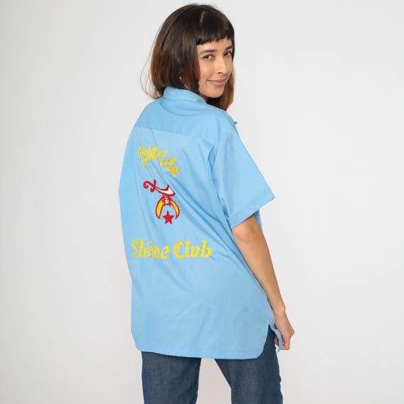 Vintage Shrine Club Bowling Shirt 70s Light Blue Riverside Chainstitch Embroidered Masonic Button Up 1970s Freemason Short Sleeve Large L