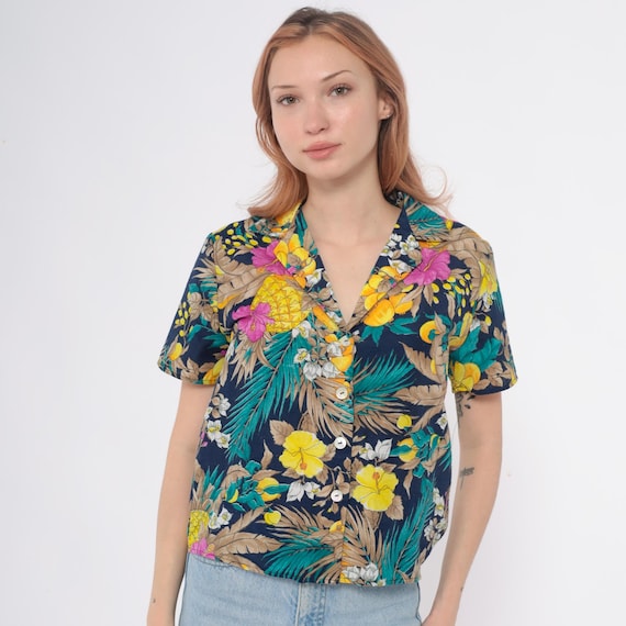 90s Hawaiian Shirt Tropical Pineapple Floral Palm Print Navy Blue Yellow Pink Teal Button Front Summer Vacation Resort Vintage Small S