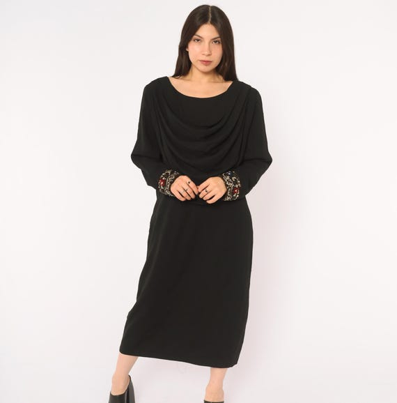 90s Black Beaded Cuff Midi Dress Front Long Sleeve Cocktail Party Evening Red Blue Sequin Floral Plus Size Vintage Extra Extra Large XXL