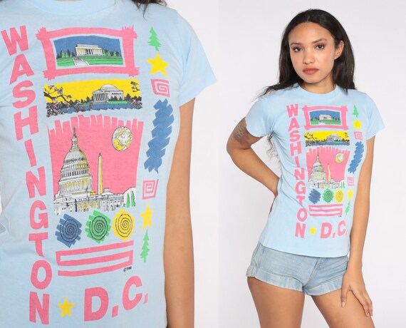 Washington DC T Shirt 80s Baby Blue Retro TShirt Vintage White House Shirt Tourist Travel Graphic Tee Retro 1980s Single Stitch USA Small S