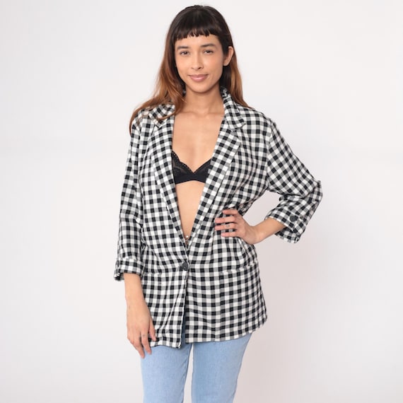 Black White Gingham Blazer 90s Button Front Checkered Plaid Long Sleeve Grunge Cottagecore Dark Academia Vintage Collared Boyfriend Medium M