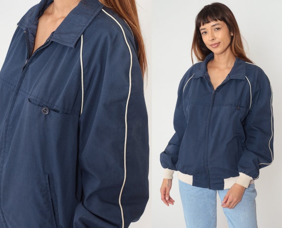 Navy Blue Jacket 80s Windbreaker Zip Up Bomber Retro Coat Plain Raglan Sleeve Basic Light Casual Streetwear Beige Trim Vintage 1980s Large L