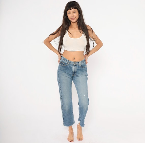 Y2K Bongo Cropped Jeans Raw Hem Straight Leg Blue Denim High Rise Cotton Frayed Cut Off Faded Wash Mom Jean Streetwear Vintage Pants Small S