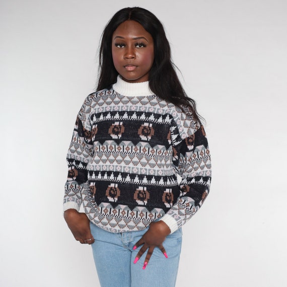 Geometric Sweater 80s 90s Knit Fair Isle Sweater Mock Neck Pullover Floral Diamond Print Black White Grey Brown 1990s Vintage Acrylic Medium