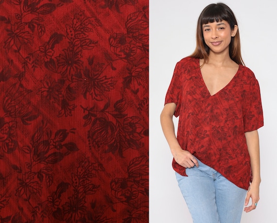Red Floral Top 90s Blouse V-Neck Sharkbite Hanky Handkerchief Hem Side Slit Shirt Short Sleeve V-neck Boho Vintage 1990s Karin Stevens Large