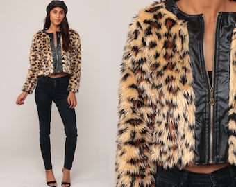 Leopard Faux Fur Coat Fake Fur Jacket Vegan Cropped Jacket Animal Print Vintage 90s Bohemian Furry Glam Fuzzy Hipster Boho Extra Small xs