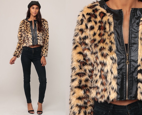 Leopard Faux Fur Coat Fake Fur Jacket Vegan Cropped Jacket Animal Print Vintage 90s Bohemian Furry Glam Fuzzy Hipster Boho Extra Small xs