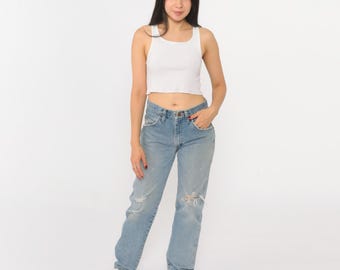 Jeans vintage Wrangler a gamba dritta, stile y2k, strappati, sbiaditi, pantaloni in denim rilassati, stile boyfriend rilassato, a vita alta, da lavoro, anni 2000, 29 x 32