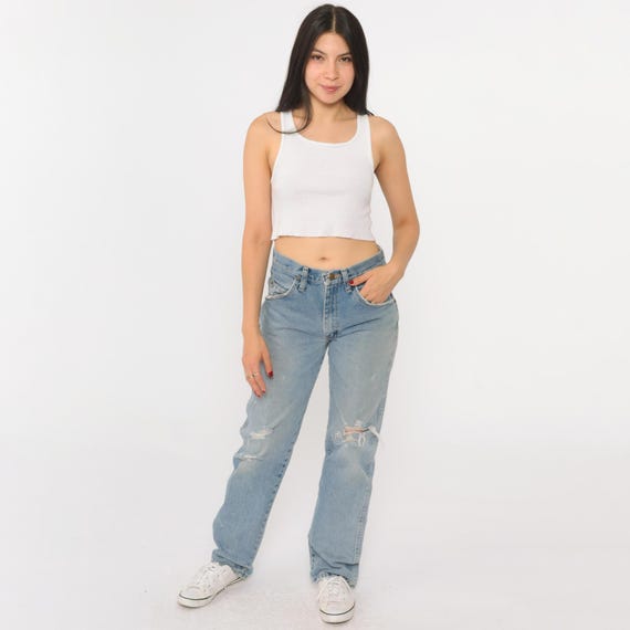 Vintage Wrangler Straight Leg Jeans y2k Ripped Faded Relaxed Denim Pants 00s High Rise Workwear Relaxed Boyfriend 29 x 32