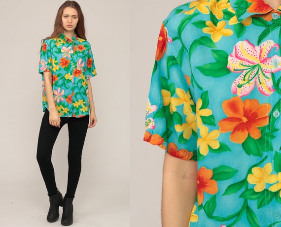 Hawaiian Blouse Floral Shirt Tropical Shirt Button Up 80s Vintage Surfer Vacation Short Sleeve Turquoise Blue Retro Top 1980s Medium