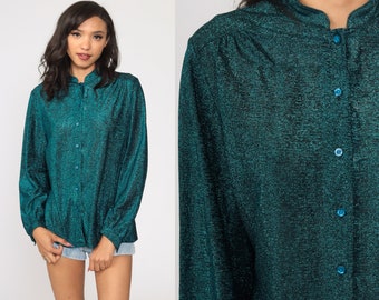 Metallic Blue Blouse Sheer Shirt 70s Metallic Top Party Glam Boho Button Up Shirt Long Sleeve Bohemian 80s Medium