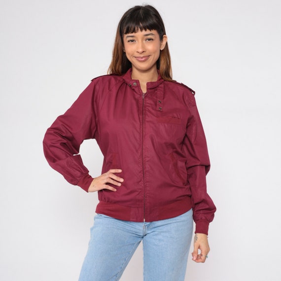 80s Windbreaker Jacket Burgundy Plain Zip Up Jacket Cafe Racer Windbreaker Bomber Sports Epaulette Retro Red Purple Vintage 1980s Large L 42
