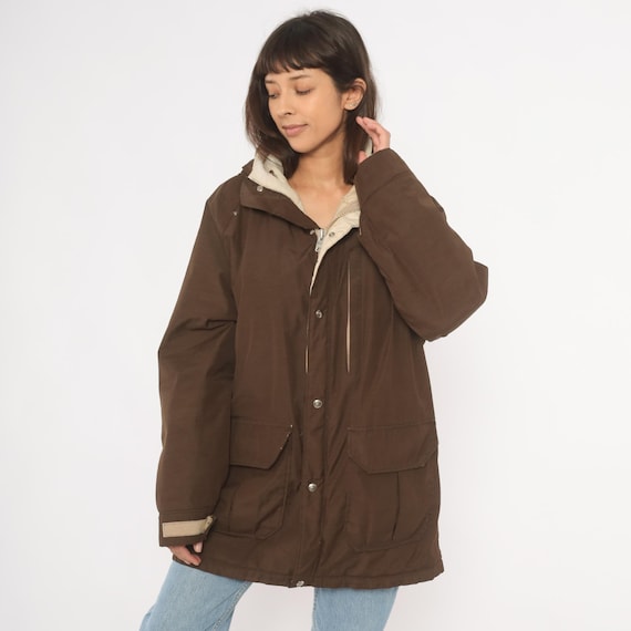 Brown Hooded Parka 90s Woolrich Winter Autumn Coat Snap Cargo Pocket Chocolate Outdoor Hiking Hood Warm Tan Lined Vintage Jacket Medium M