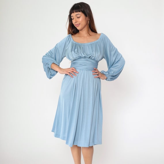 70s Blouson Peasant Dress Blue Midi Dress Boho Off Shoulder Long Sleeve 1970s Hippie Bohemian Empire Waist Grecian Party Extra Small xs