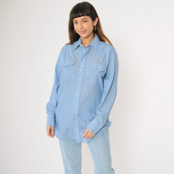 90s Striped Western Shirt Blue Panhandle Slim Pearl Snap Shirt Button Up Cowboy Rodeo Retro Long Sleeve Vintage 1990s Men's 16-34 Large