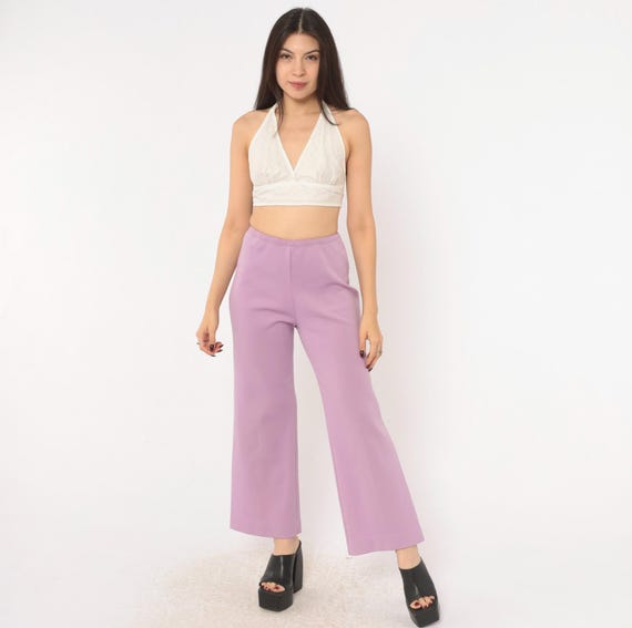 70s Lavender Wide Leg Pants High Pull On Flare Trousers Cropped Purple Lilac Disco Pastel Hippie Bell Bottom Vintage Womens Slacks Small S